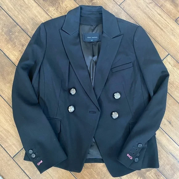 Pink Tartan Size 4 Black Lined Blazer - Picture 1 of 8